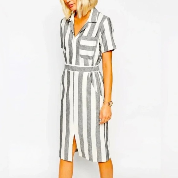ASOS Midi Shirt Dress Size 2 Gray Ivory Stripe Cotton | V-Neck Pencil Workwear - Picture 1 of 11